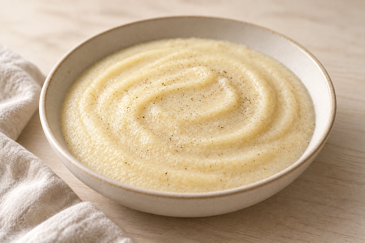 Small bowl of creamy vanilla semolina pudding served lukewarm.
