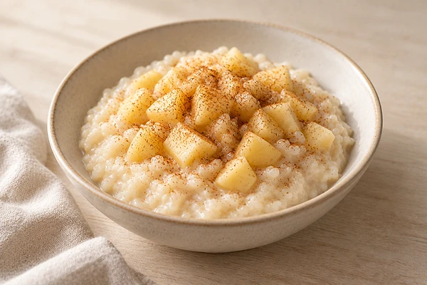 Bowl of creamy rice pudding topped with soft diced apple and a dusting of cinnamon.