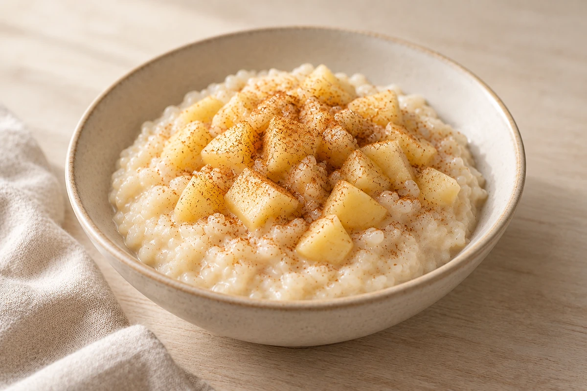Bowl of creamy rice pudding topped with soft diced apple and a dusting of cinnamon.
