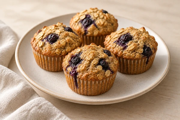 Six golden oat muffins studded with blueberries cooling on a light surface.