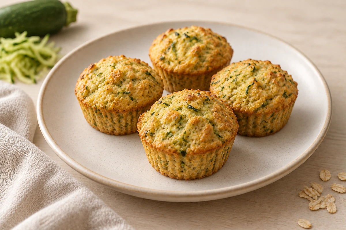 Six savory oat and zucchini muffins flecked with green parsley on a cooling rack.