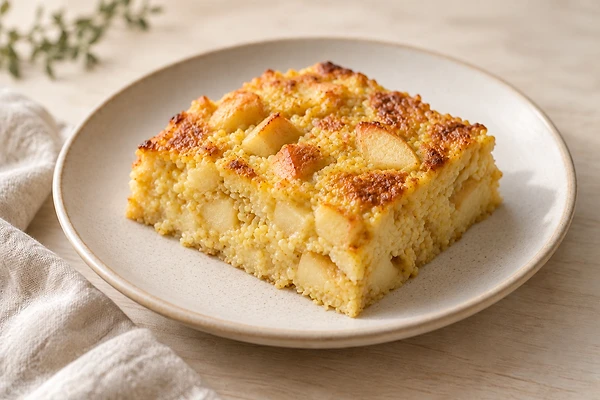 Squares of baked millet and apple in a small dish, lightly golden on top.