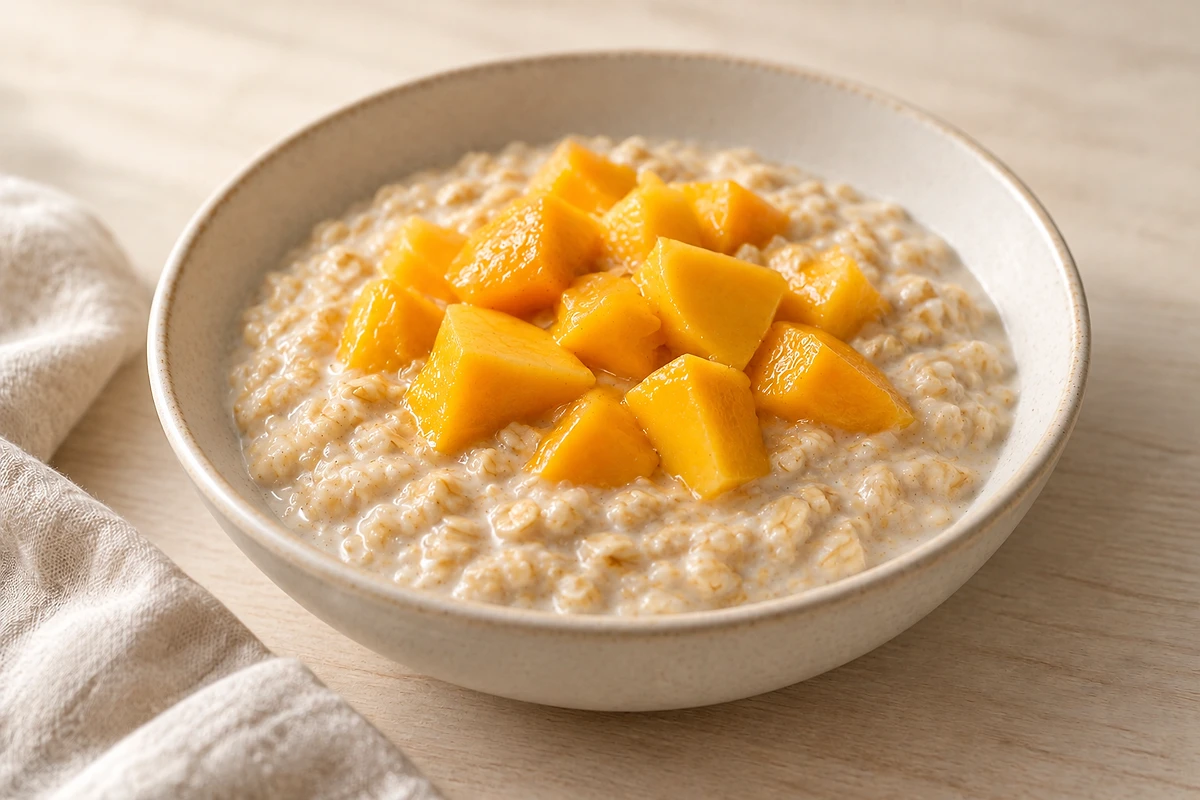 Glass of creamy oat pudding swirled with smooth mango purée.