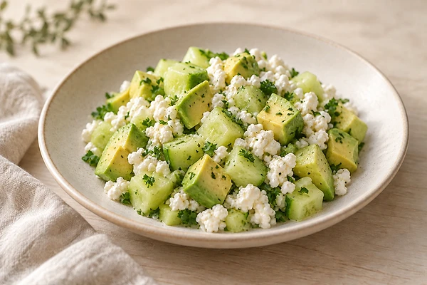 Bowl of cucumber and avocado salad in a creamy herb dressing on a light plate.