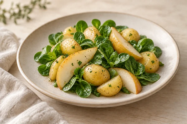 Lukewarm lamb's lettuce with boiled potatoes and poached pear in a mild yogurt dressing.