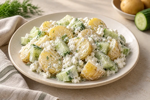 A potato and cucumber salad with a creamy dressing and dill in a light bowl.