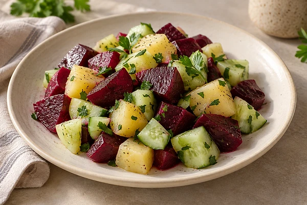 A lukewarm salad of diced beetroot, potato and cucumber in a pale yogurt-dill dressing.