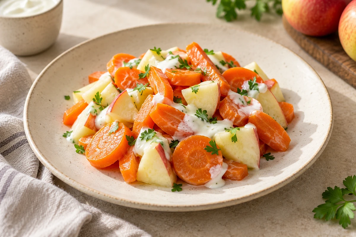 A small bowl of softly cooked grated carrot and apple dressed with yogurt and parsley.