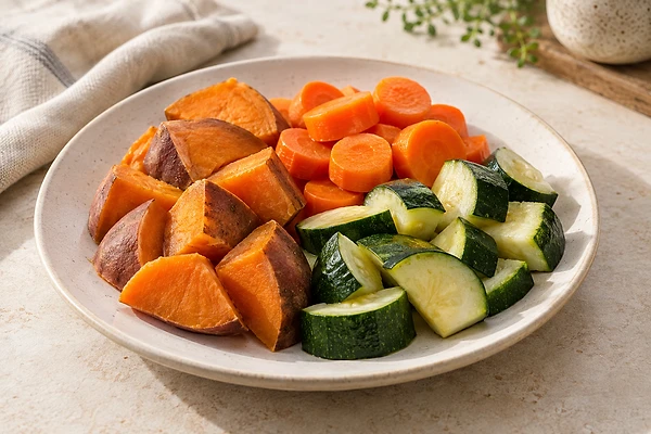 A plate of steamed sweet potato, carrot, zucchini, and fennel sprinkled with parsley.