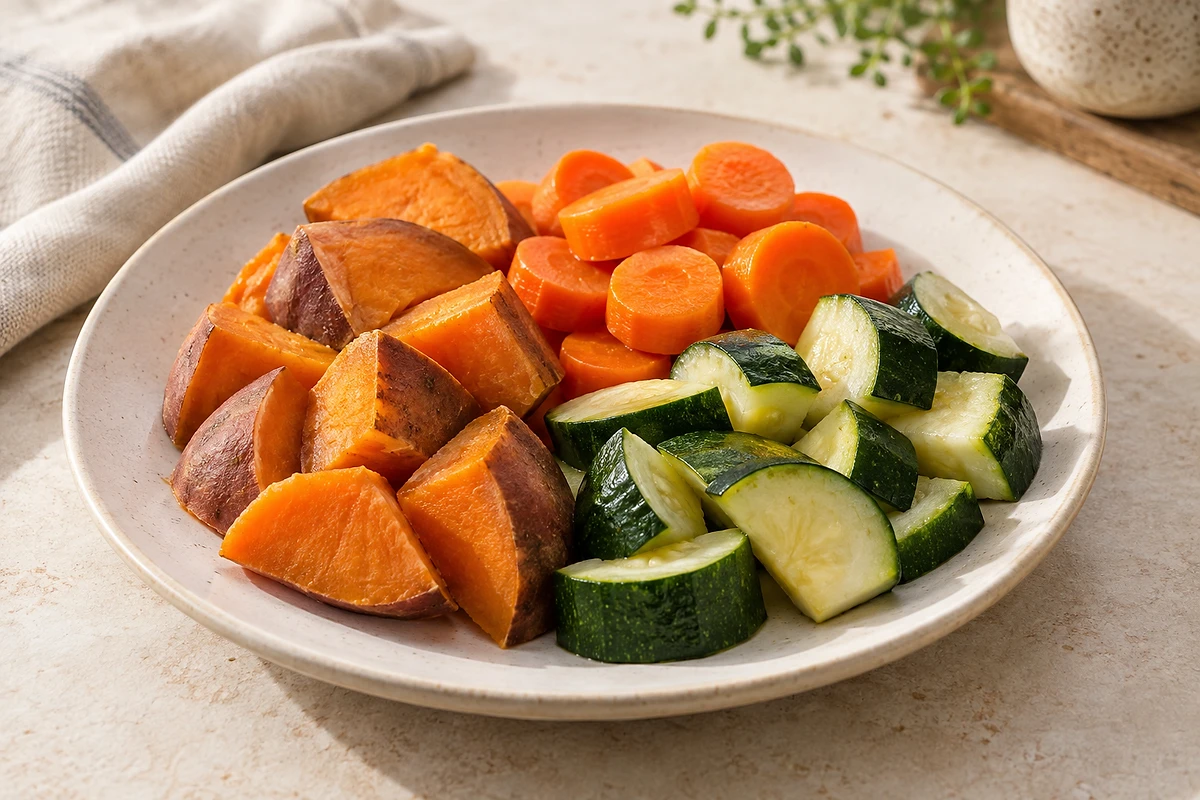 A plate of steamed sweet potato, carrot, zucchini, and fennel sprinkled with parsley.