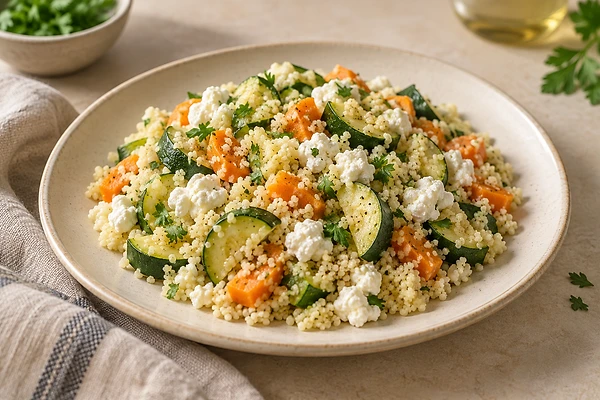 A bowl of couscous salad with soft zucchini and carrot pieces and chopped dill.