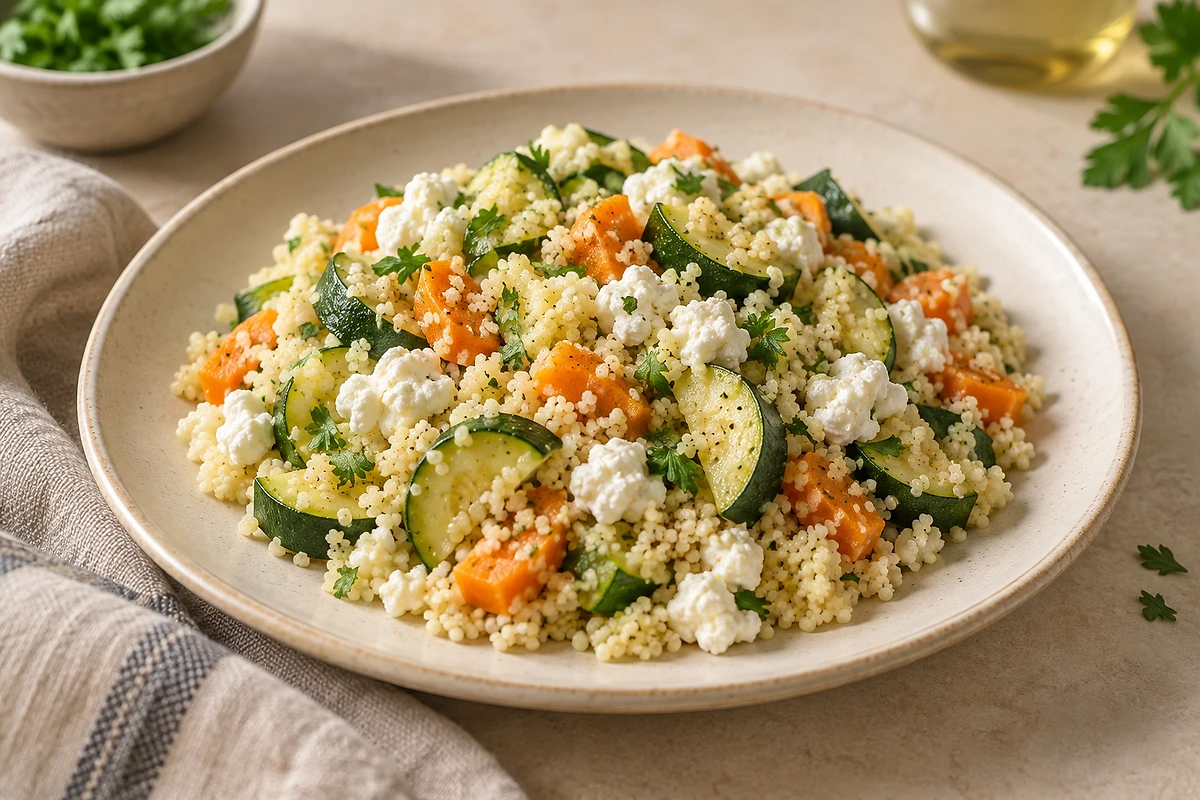 A bowl of couscous salad with soft zucchini and carrot pieces and chopped dill.