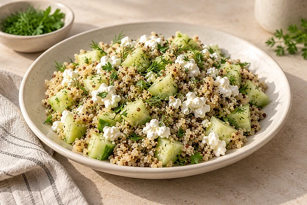 Bowl of lukewarm quinoa salad with soft cucumber and a creamy herb dressing.