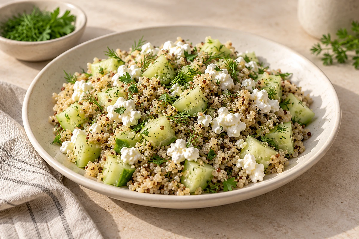 Bowl of lukewarm quinoa salad with soft cucumber and a creamy herb dressing.