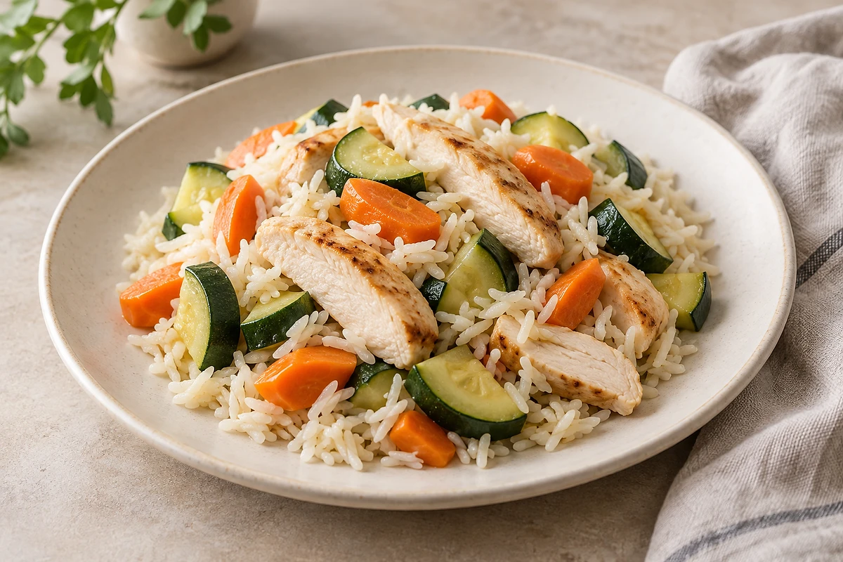 Bowl of rice salad with sliced chicken breast, zucchini and carrot, topped with fresh herbs.