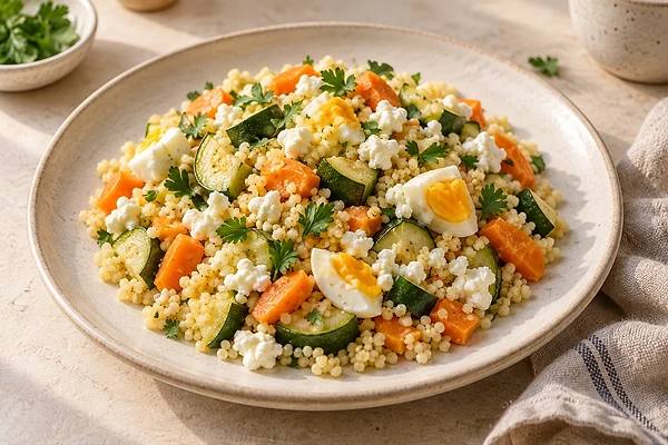 Lukewarm millet salad with steamed zucchini, carrot and herbs in a bowl.