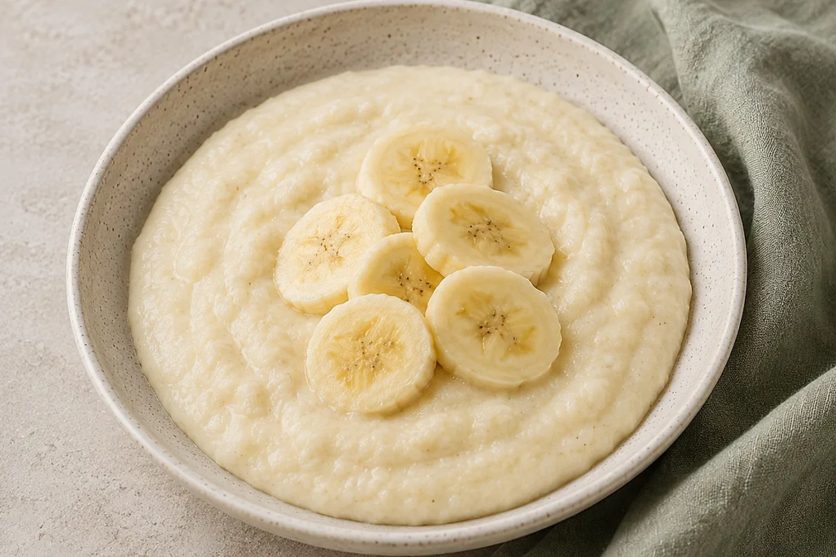 Creamy semolina porridge topped with banana slices in a light bowl.