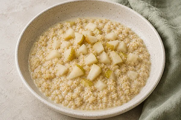 Creamy quinoa porridge with soft pear pieces in a light bowl.
