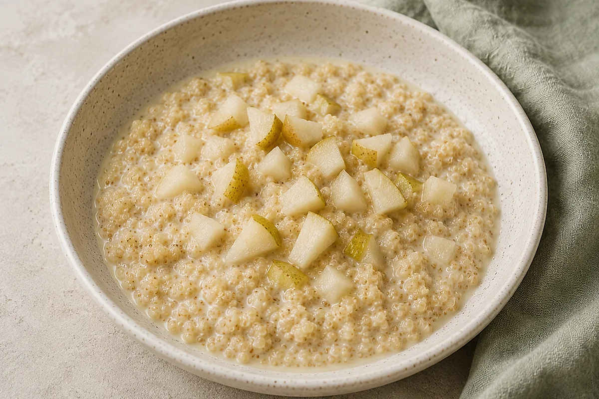 Creamy quinoa porridge with soft pear pieces in a light bowl.