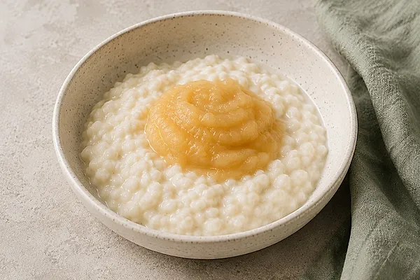 Light rice-flake porridge with a spoonful of apple sauce in a bowl.