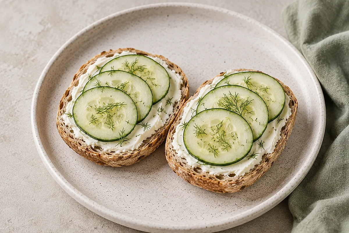 Halved spelt rolls topped with cream cheese and cucumber slices on a plate.