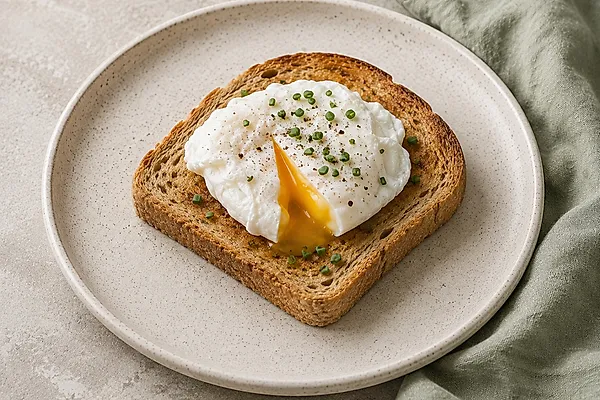 A poached egg on a slice of spelt toast with fresh herbs.