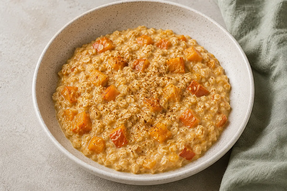 Creamy pumpkin oat porridge dusted with cinnamon in a light bowl.