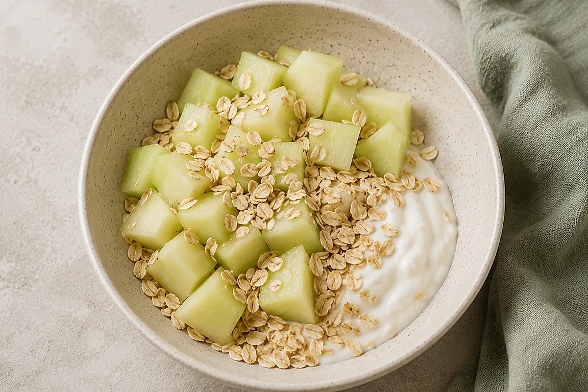 Honeydew melon pieces on plant yogurt topped with oats in a bowl.