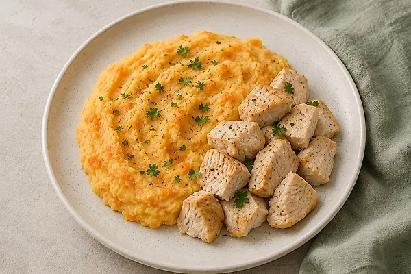 Potato and carrot mash with turkey strips on a light plate.