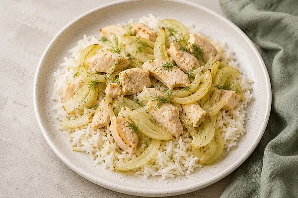 Basmati rice with soft fennel and chicken pieces in a light bowl.