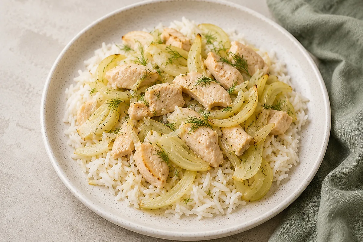 Basmati rice with soft fennel and chicken pieces in a light bowl.