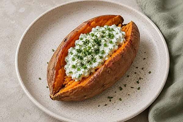 A split baked sweet potato filled with herb quark on a light plate.
