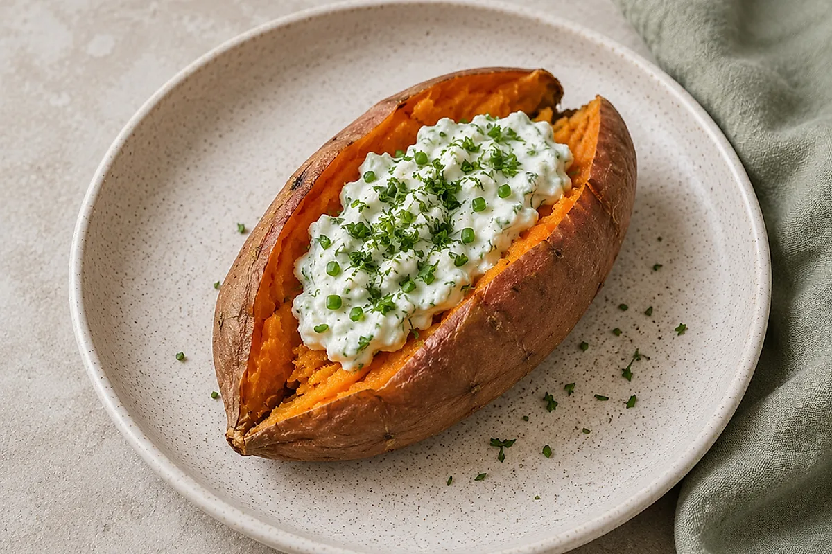 A split baked sweet potato filled with herb quark on a light plate.