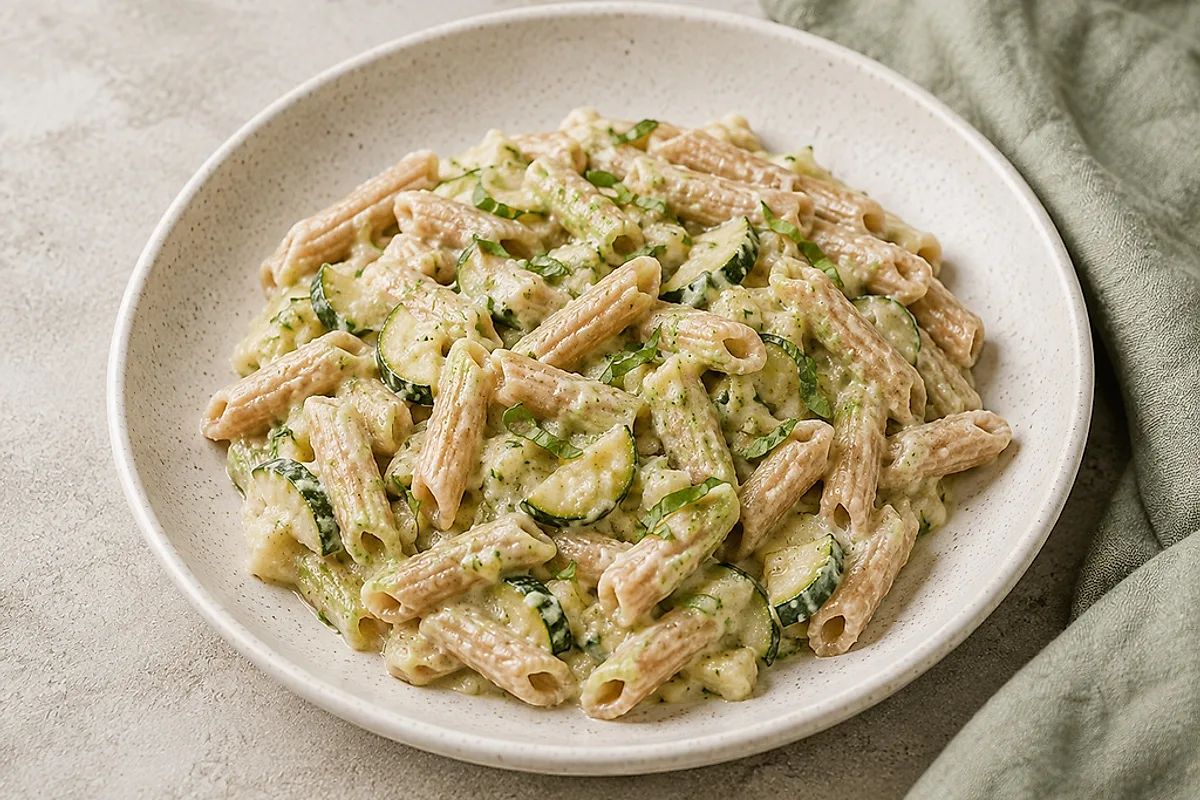 Spelt pasta with a pale zucchini cream and basil in a shallow bowl.