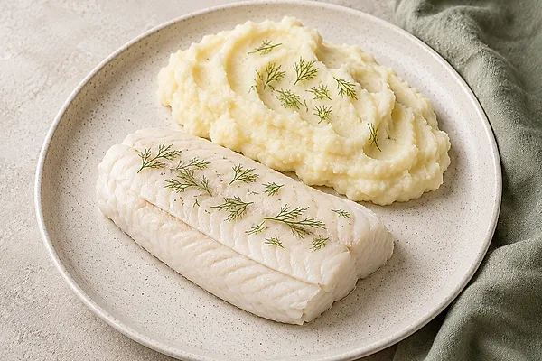 Steamed pike-perch fillet on mashed potato with dill on a light plate.