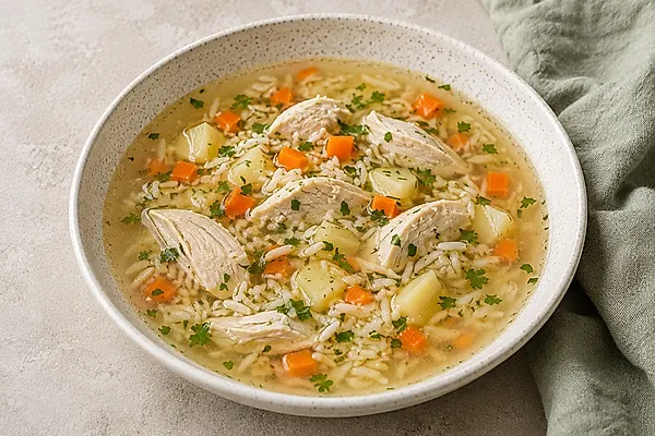 A clear chicken and rice soup with carrots in a light bowl.