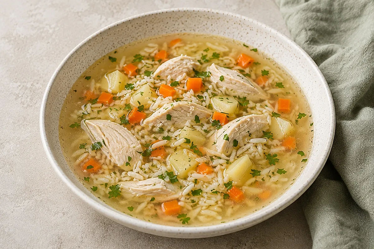 A clear chicken and rice soup with carrots in a light bowl.