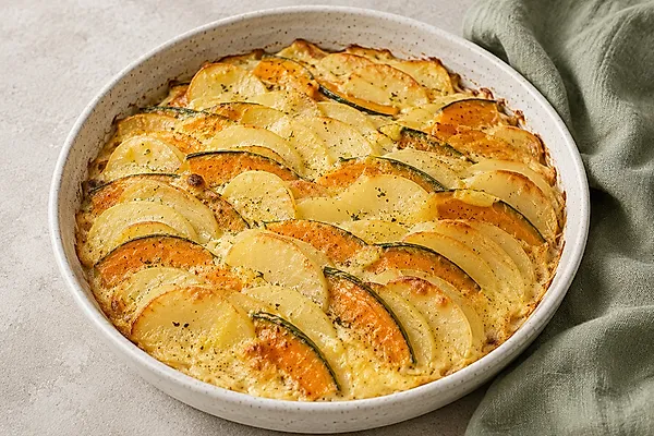 A potato and pumpkin bake layered in slices in a light baking dish.
