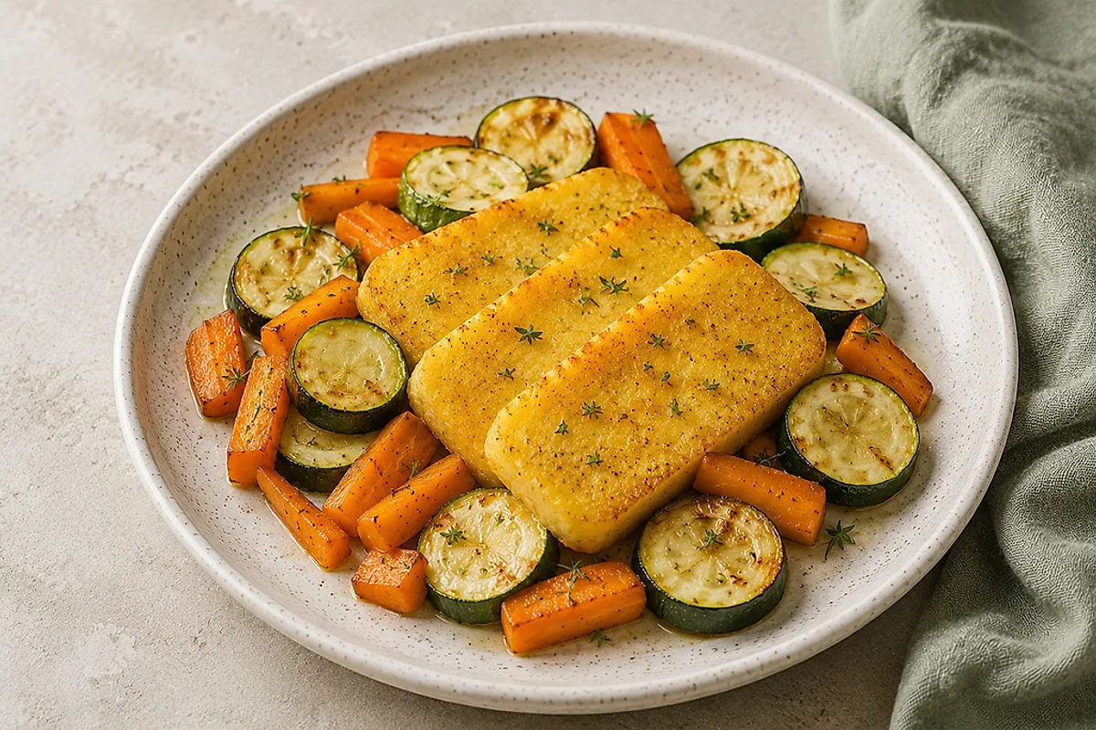 Golden polenta slices with soft roasted vegetables on a light plate.