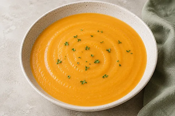 Creamy orange carrot soup in a light bowl, served warm.