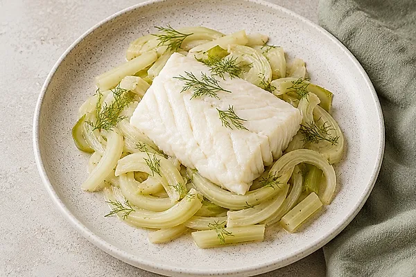 Steamed cod fillet on soft fennel with potatoes, sprinkled with dill.