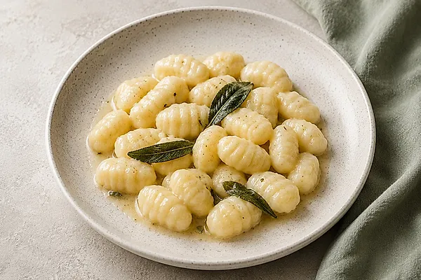 Golden potato gnocchi with sage leaves in a light bowl.
