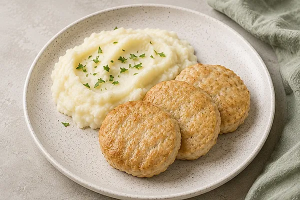 Oven-baked turkey patties beside creamy mashed potato on a light plate.