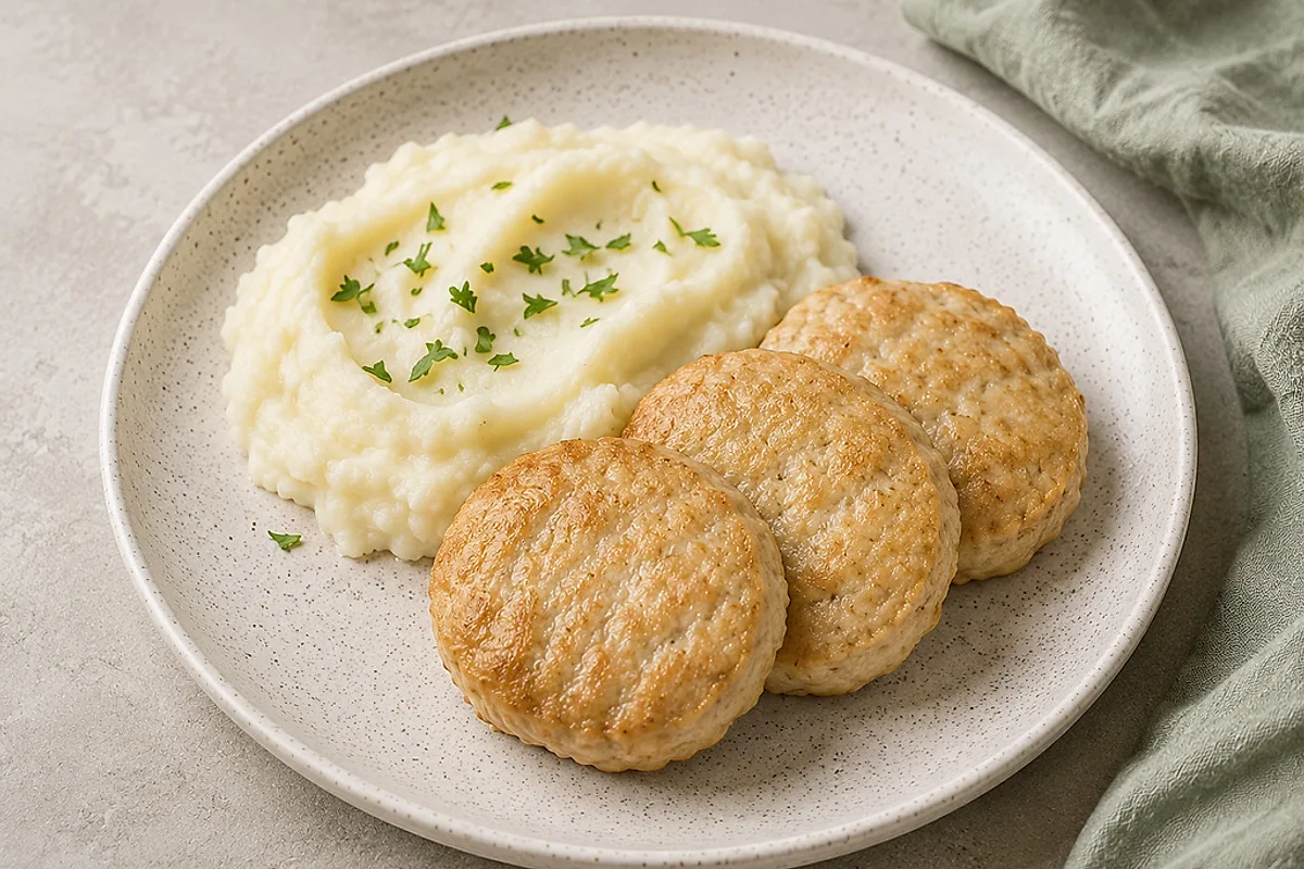Oven-baked turkey patties beside creamy mashed potato on a light plate.