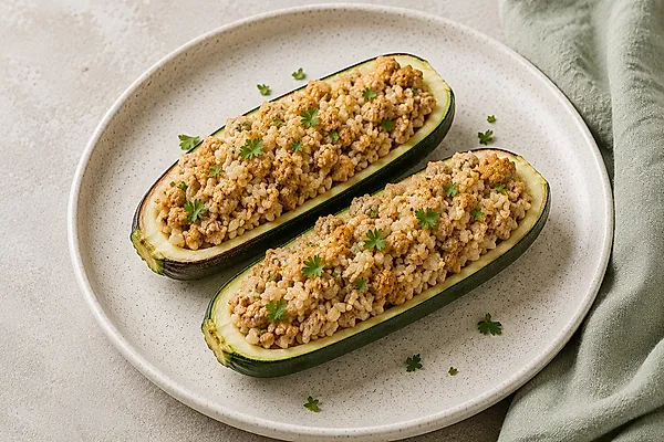 Stuffed zucchini halves with a rice and turkey filling in a baking dish.