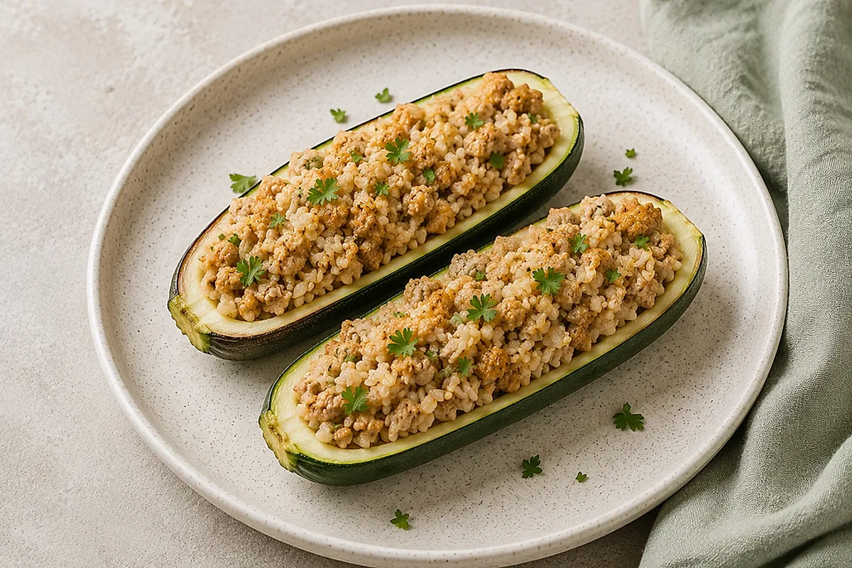 Stuffed zucchini halves with a rice and turkey filling in a baking dish.