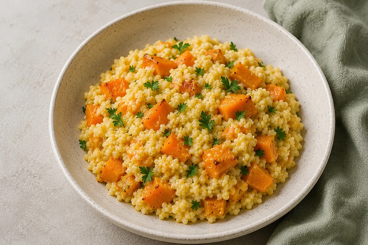 Creamy millet risotto with soft pumpkin pieces in a light bowl.
