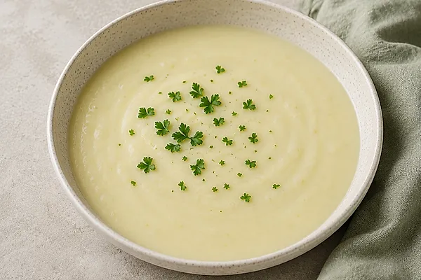 Creamy pale potato and leek soup in a light bowl, sprinkled with parsley.