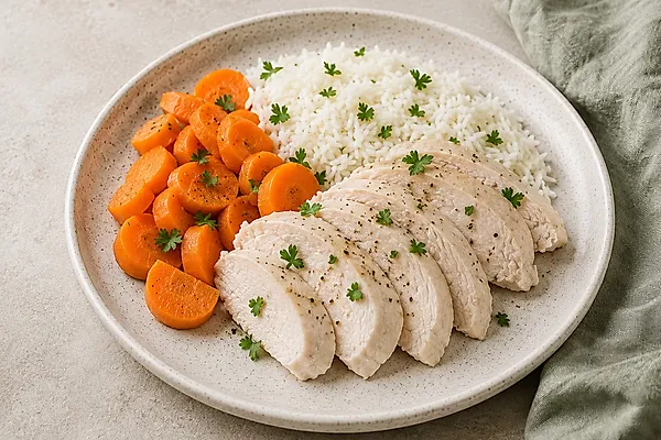 Sliced steamed chicken breast with basmati rice and carrot batons on a light plate.