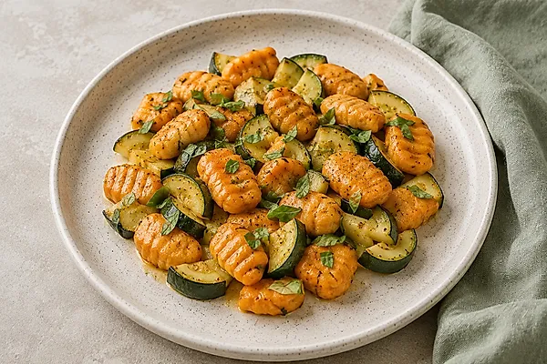 Sweet potato gnocchi with soft zucchini cubes and a little basil in a light bowl.
